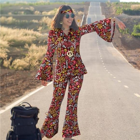 70s‎ Women Hippie Costume Set Halloween Dress Bell Bottom Boho Flared Pants - Picture 6 of 7